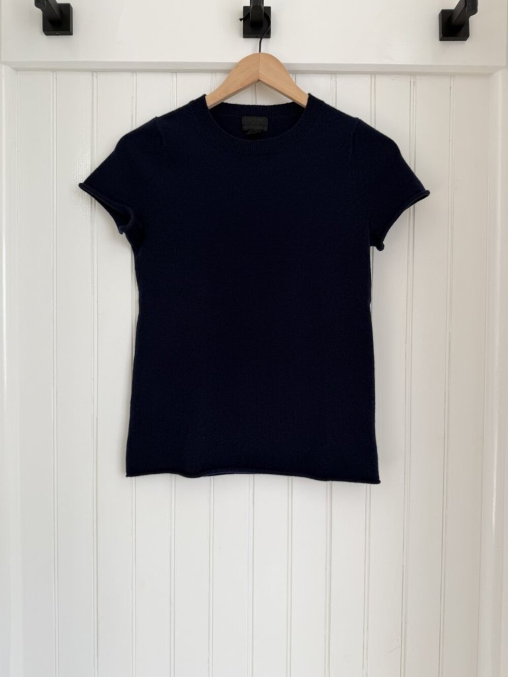 J.Crew 100% Cashmere Tee Short Sleeve Sweater — Navy, Rolled Cuffs, Sz S